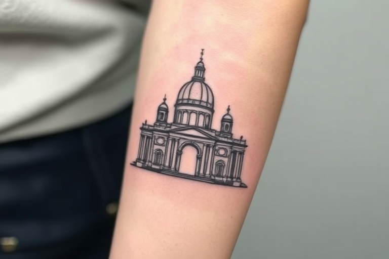 Elegant single-needle tattoo depicting a detailed architectural sketch of a famous landmark, rendered in fine lines and subtle shading, gracefully adorning the inner forearm