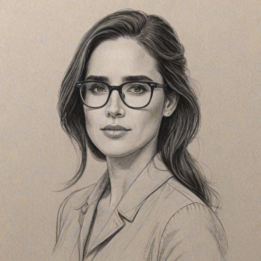 Gorgeous Jennifer Connelly, pencil sketch, portrait of Elegant woman 1968s in glasses, hair style beatnik, outline, clear lines, fine lines, 8k