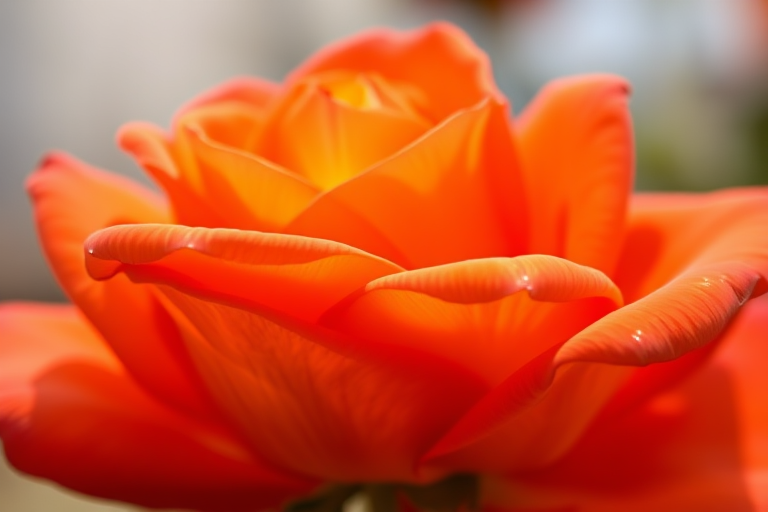 Close-up of a vibrant orange rose with subtle pink tips, captured in natural light using a DSLR camera with a 50mm f/1.8 lens at aperture f/2.8, ISO 100, and a shallow depth of field for soft backgrounds.