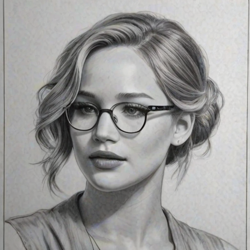 Lovely Jennifer Lawrence, pencil sketch, portrait of Appealing woman 1933s in glasses, hair style beatnik, outline, clear lines, fine lines, 8k