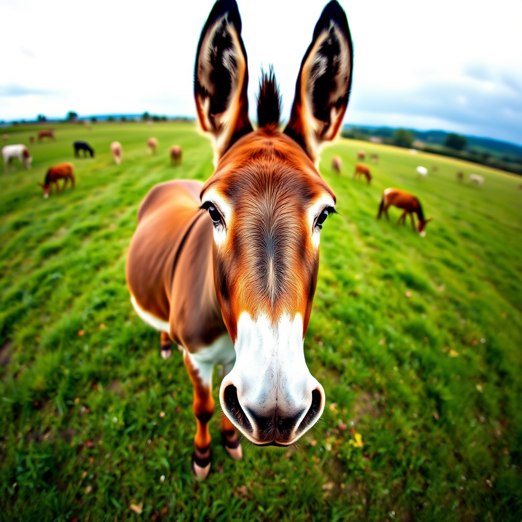 Create a high-resolution polygonal image of a donkey standing in a green field with various grazing animals, using a 50mm lens, f/2.8 aperture, 1/200 sec shutter speed, ISO 100, shot from eye level with a soft focus background to enhance depth.