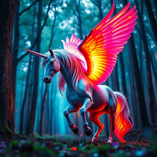 majestic winged unicorn in a mystical forest, vibrant colors with glowing wings, 85mm lens, f/2.8 aperture, ISO 100, low-angle view, soft focus background, high dynamic range imaging, digital art style, DSLR camera