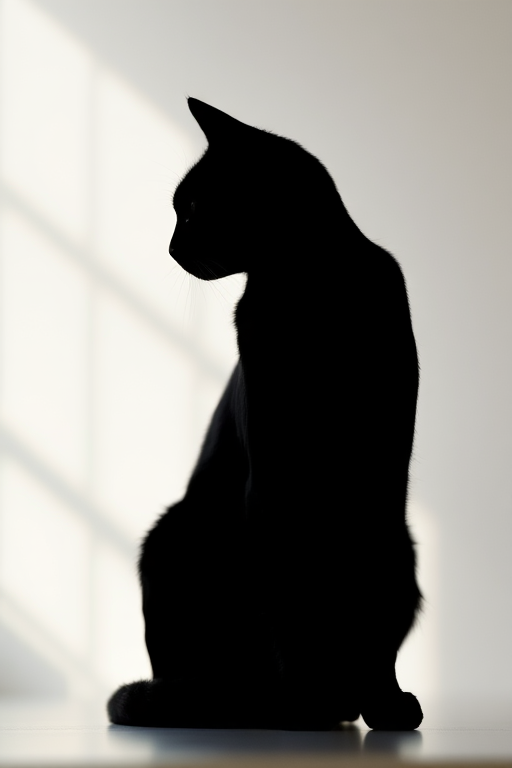 Regenerate the image of a simple black silhouette of a cat sitting, captured with a Canon EOS R5 camera, 50mm lens, f/1.8 aperture, ISO 100, natural light, shallow depth of field, with a clear view focused on the silhouette against a neutral background.