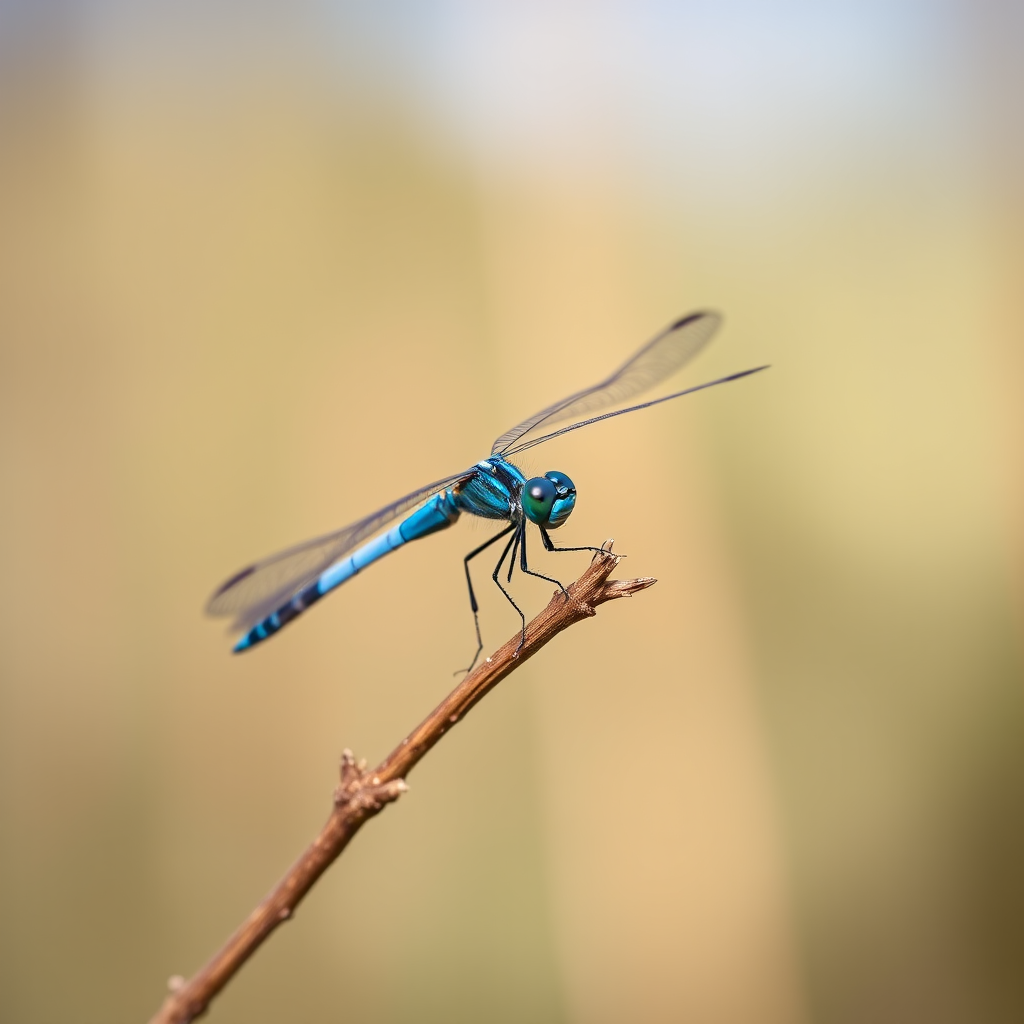 Create a high-resolution close-up image of a blue dragonfly perched on a twig with a blurred natural background, using a Canon EOS 5D Mark IV, 100mm f/2.8 macro lens, aperture set to f/2.8, ISO 200, shutter speed 1/200 sec, daylight white balance.