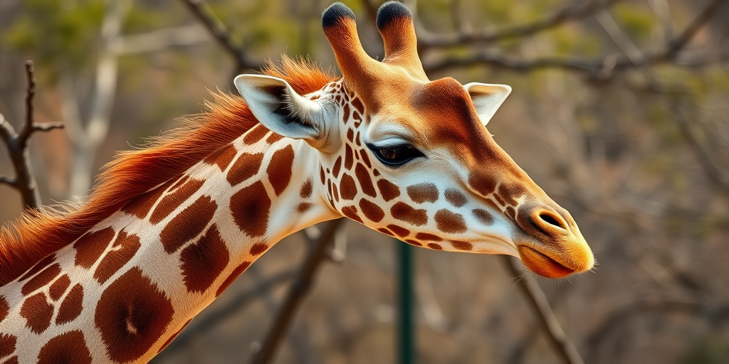 Generate a high-quality image of a giraffe in a natural setting with details, shot using a DSLR camera, aperture f/4, shutter speed 1/200 sec, ISO 100, with a shallow depth of field, focal length 50mm, aiming for a clear view of the giraffe against a softly blurred background.