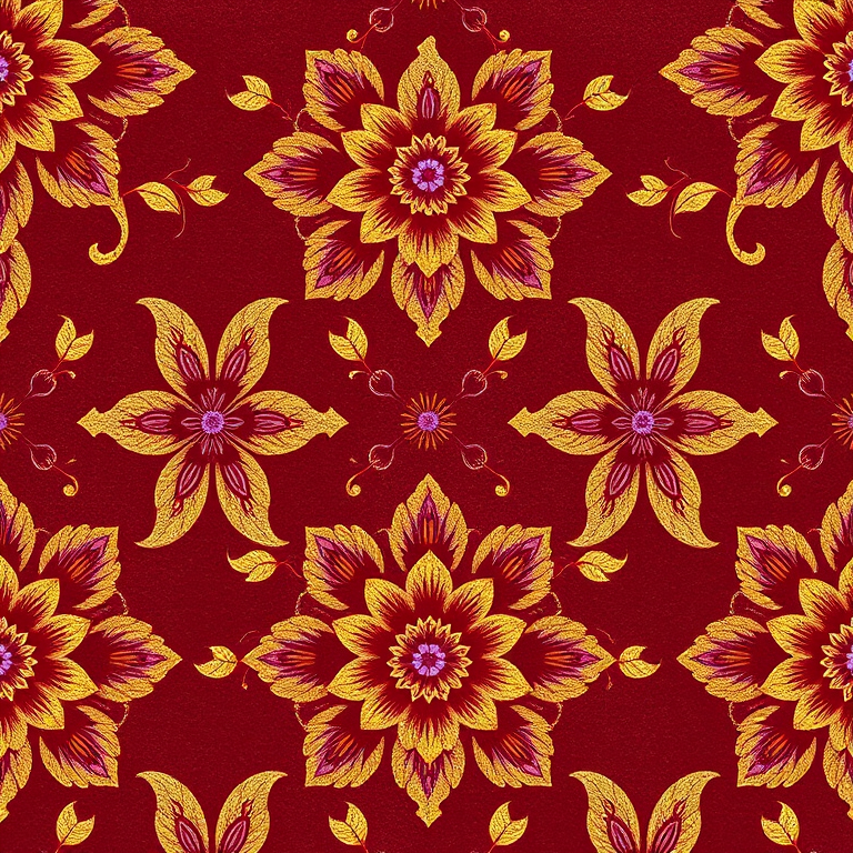 create a seamless pattern of intricate floral designs in rich burgundy background with gold and purple accents, 50mm lens, f/8 aperture, ISO 100, shot from above with a soft focus macro style, using a digital DSLR camera.