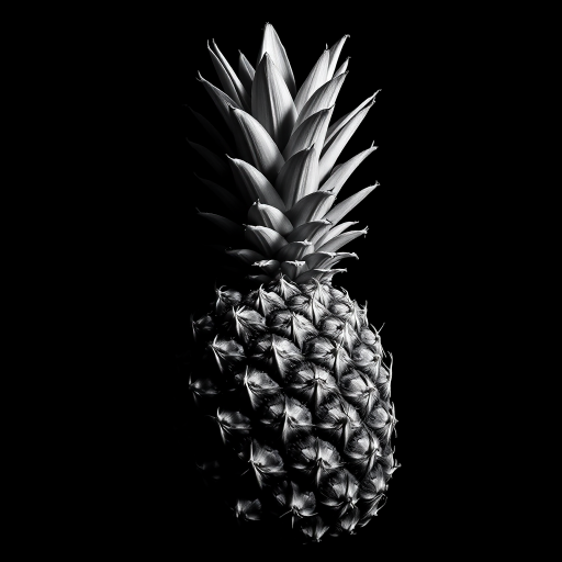 Create a high-contrast black and white image of a pineapple. The pineapple should be prominently featured with a dramatic lighting effect to highlight its texture and details. The background should be completely black to enhance the focus on the pineapple, emphasizing its unique spiky crown and rough skin.