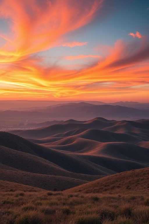 Generate an image of a serene landscape featuring rolling hills and a vibrant sunset sky, captured with a Canon EOS R5 at f/8, ISO 100, 1/200 sec, wide-angle view, emphasizing vibrant colors and details.