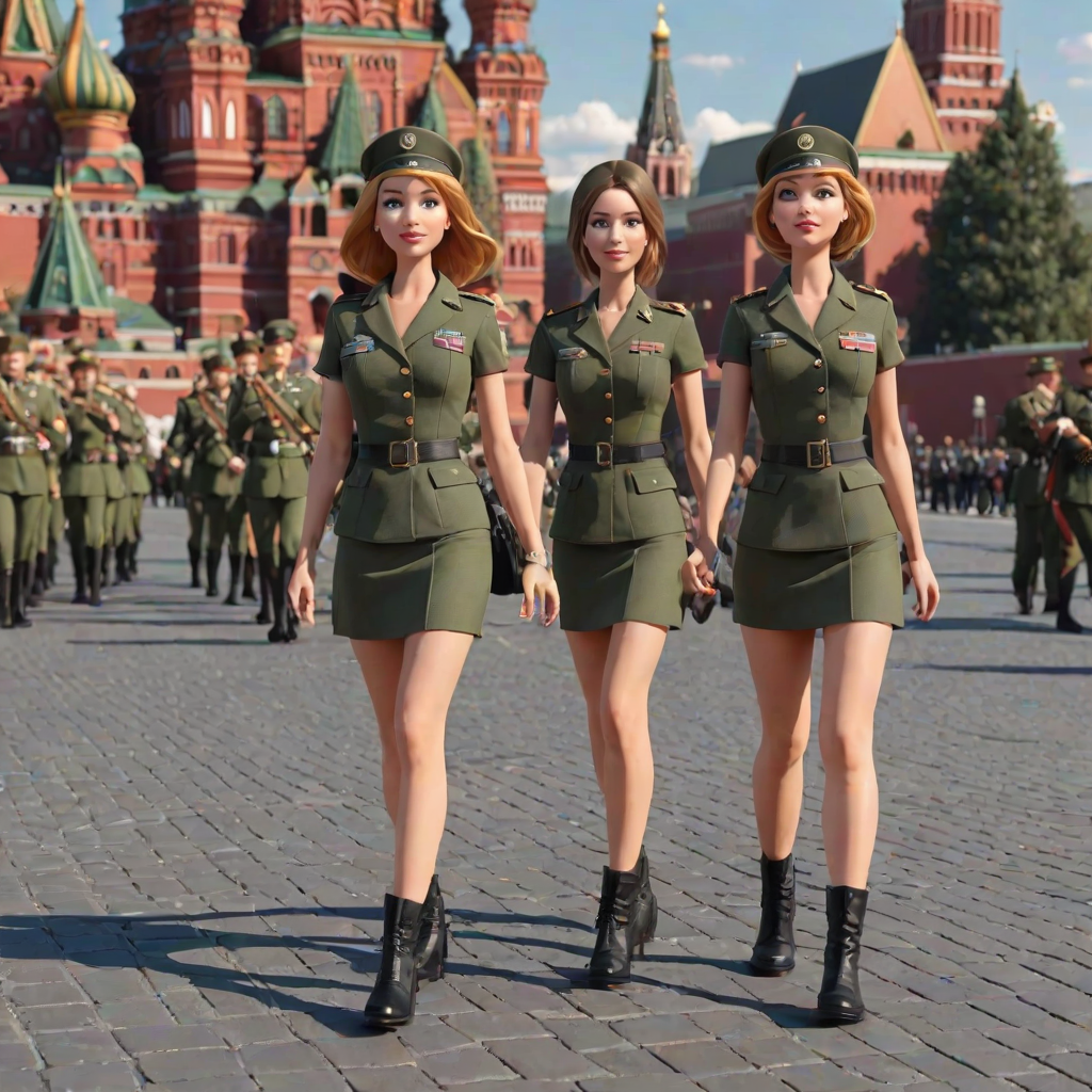 Cartoon 3D Military parade in Red Square in Moscow with military women wearing short skirts.