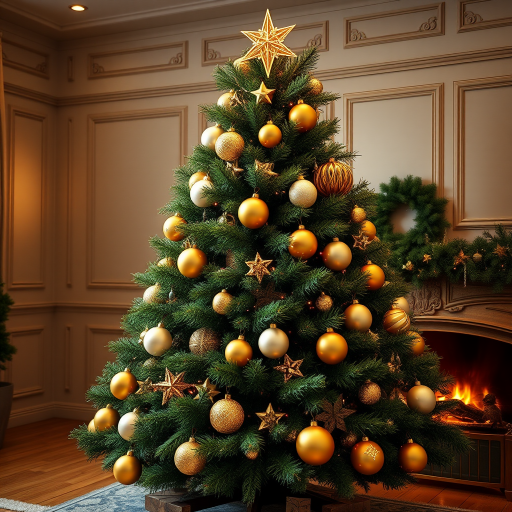Generate an image of a beautifully decorated Christmas tree in a cozy room. The tree should be lush and green, adorned with golden and white ornaments, including large spherical baubles and stars. The room should have warm lighting, with a decorative fireplace in the background and elegant wall paneling. Add a touch of festive cheer with a star on top of the tree.