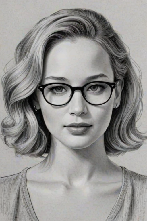 Splendid Jennifer Lawrence, pencil sketch, portrait of Enchanting woman 1940s in glasses, hair style beatnik, outline, clear lines, fine lines, 8k