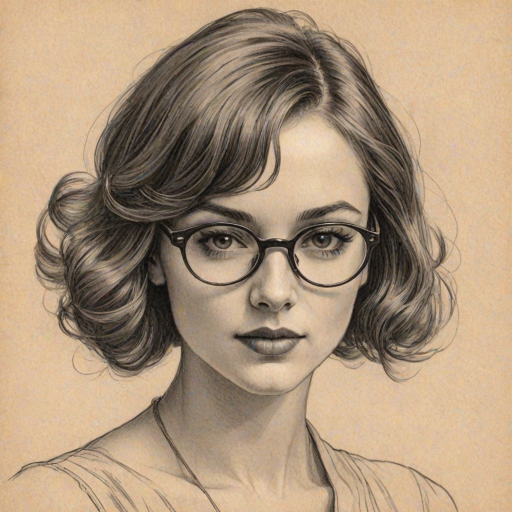 Splendid Ashley Marie, pencil sketch, portrait of Gorgeous woman 1921s in glasses, hair style beatnik, outline, clear lines, fine lines, 8k