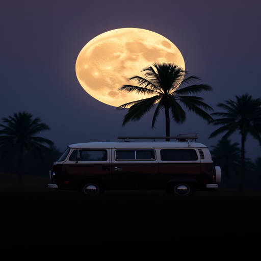 Generate an image of a silhouette of a vintage camper van parked on a grassy hill with palm trees in front of a large full moon, shot with a DSLR camera at 35mm focal length, f/8 aperture, ISO 100, soft focus style for a serene and minimalistic look.