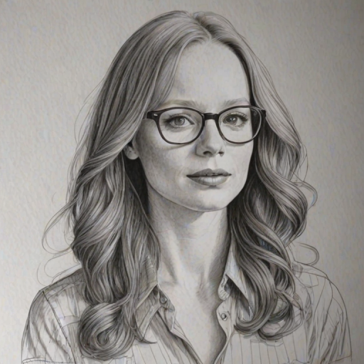 Comely Lauren Ambrose, pencil sketch, portrait of Graceful woman 1973s in glasses, hair style beatnik, outline, clear lines, fine lines, 8k