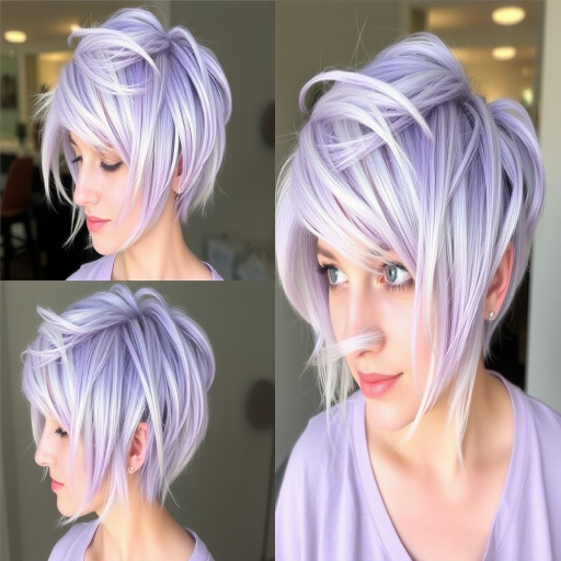 Pastel lavender pixie cut with wispy bangs and platinum blonde highlights, called "Moonlight Whisper" style, featuring textured layers and a soft, ethereal appearance