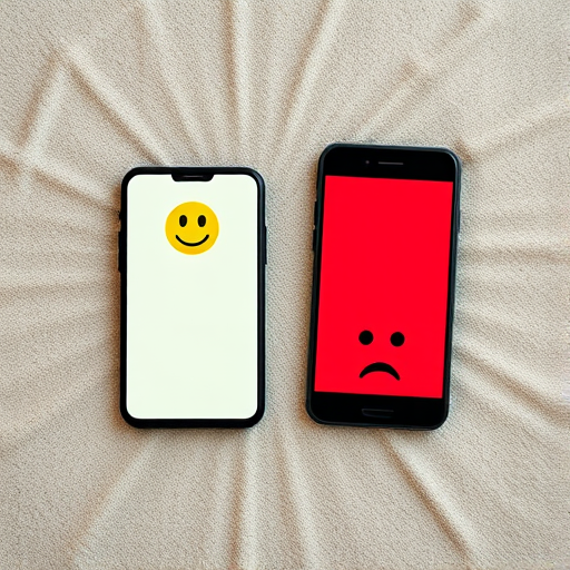 Create an image of four smartphones arranged in a row displaying emoticons, with two showing a yellow smiley face and two showing a red sad face, shot with a Canon EOS R5, 50mm lens, f/1.8 aperture, ISO 100, natural light, top-down view on a textured surface for enhanced clarity and color contrast.