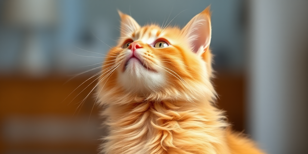 Capture a high-quality image of a fluffy orange cat looking upwards, using a shallow depth of field with a blurred background, ISO 100, aperture f/2.8, shutter speed 1/200s, 85mm lens, natural light, taken with a DSLR camera in portrait orientation.
