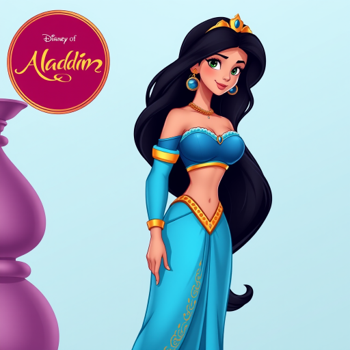Create an illustration of an animated princess jasmine of aladdin with long dark hair, wearing a detailed flowing blue outfit and gold accessories. She stands confidently, exuding charm and grace.