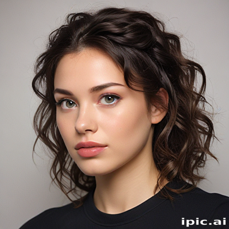 Portrait of a Young Woman with Wavy Hair and Natural Makeup