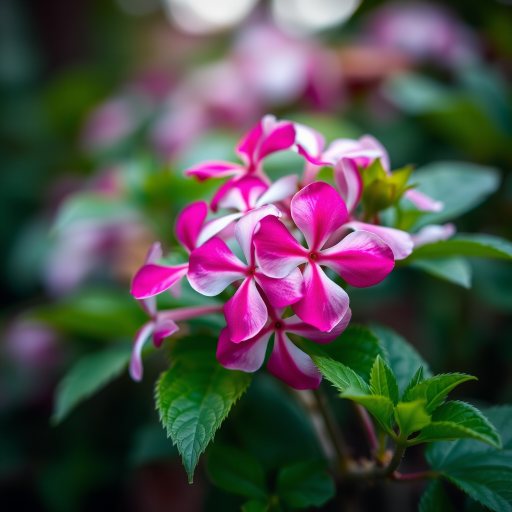 macro shot of vibrant pink and white flowers with lush green leaves in soft focus background, aperture f/2.8, shutter speed 1/200 sec, ISO 100, using a DSLR camera with 100mm lens, natural light, shallow depth of field