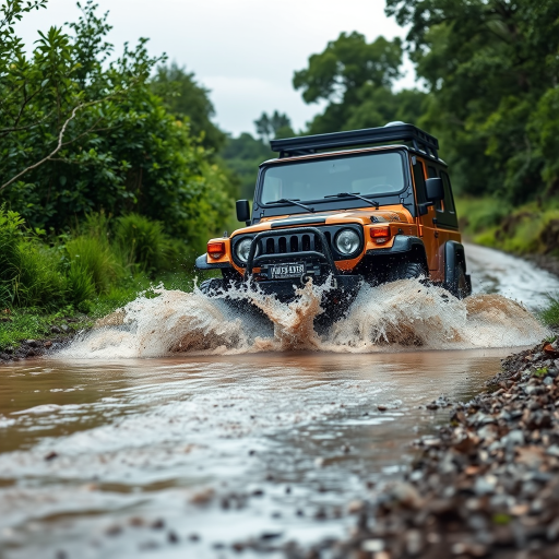Off-road vehicle splashing through water on a muddy path surrounded by greenery, captured with a DSLR camera at f/8, ISO 100, 1/500s, using a 24-70mm lens, from a low angle to emphasize the water spray and vehicle movement.