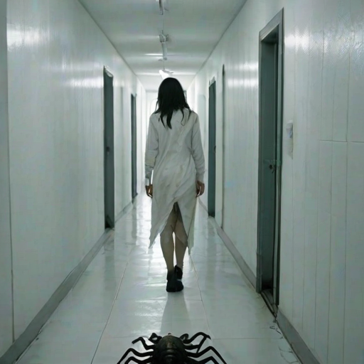 a crooked woman with long arms and a creepy smile is crawling along a long white corridor and you can also see cockroaches in it there is a creepy atmosphere creepy art style