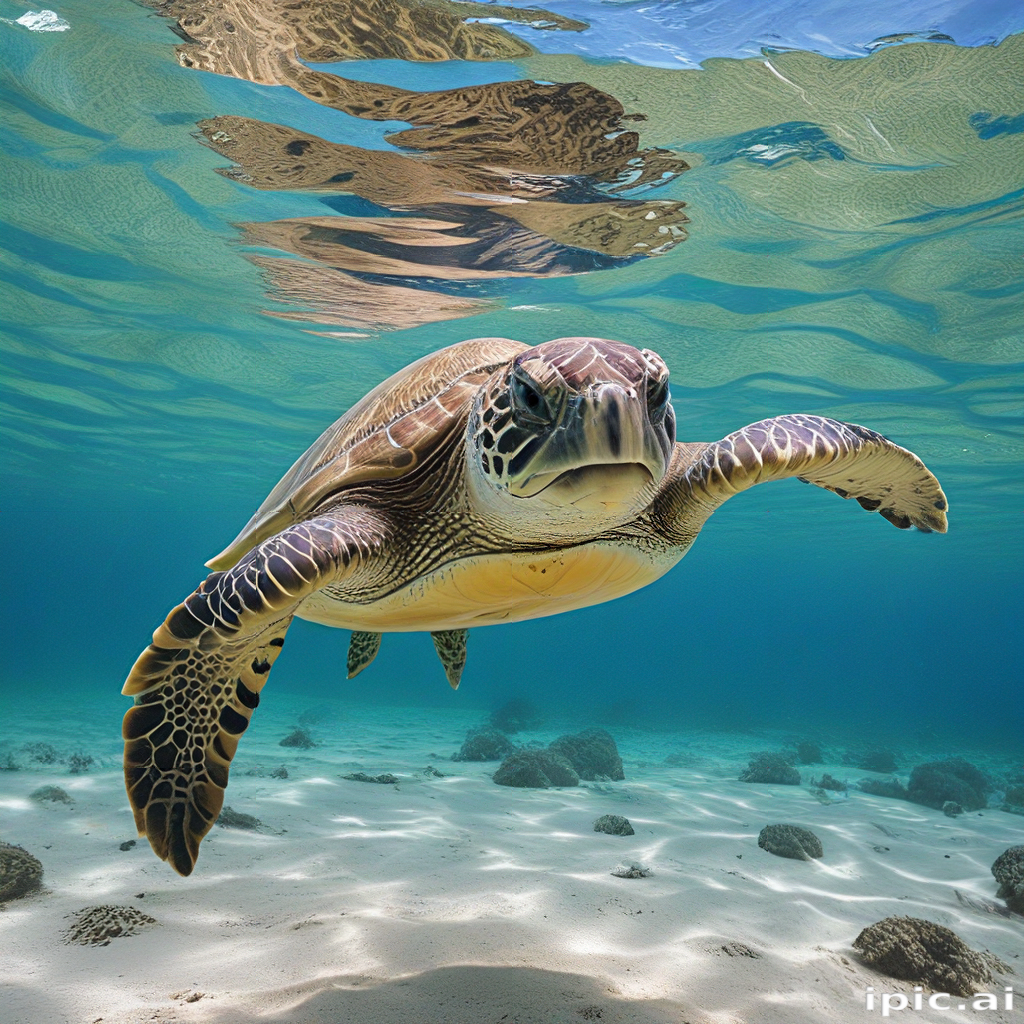 A Graceful Sea Turtle Gliding Through Crystal Clear Ocean Waters Below.