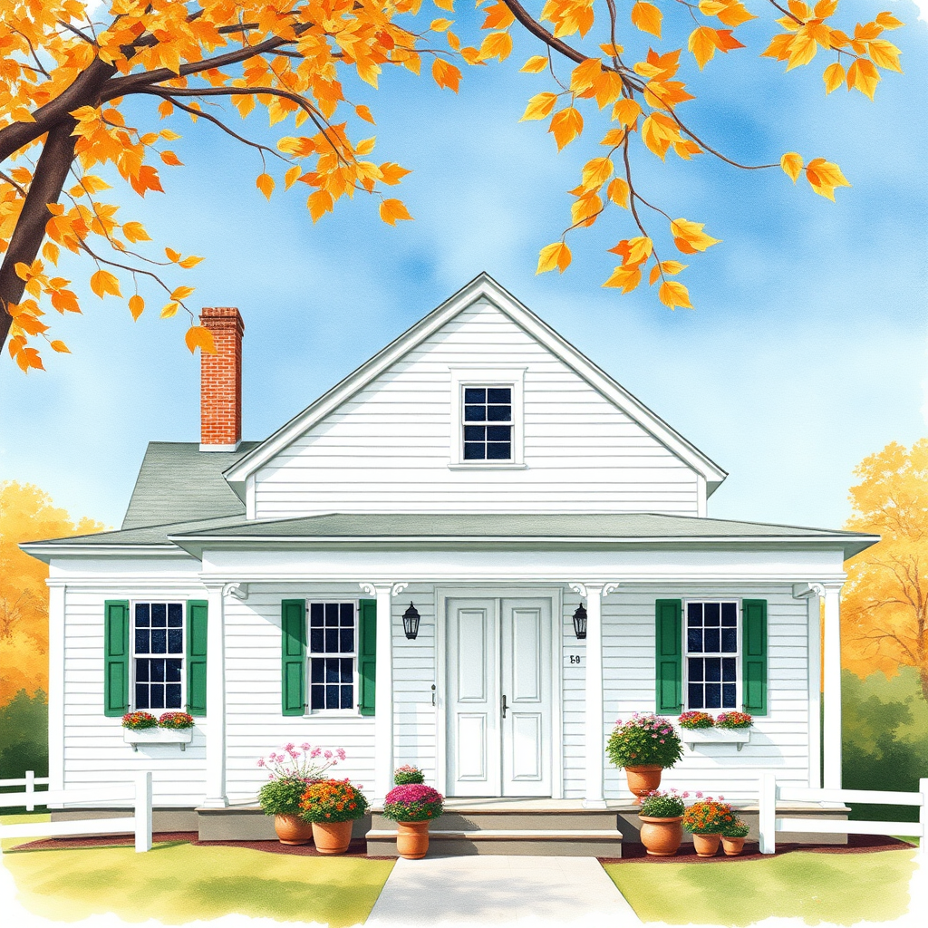 a white farmhouse with green shutters, vintage feel, blue sky, trees in autumn color, leaves slightly blowing in the breeze, colorful autumn flowers in pots on the front porch of the farmhouse, watercolor