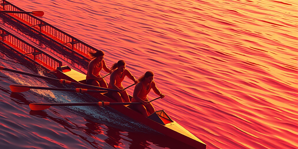 create an image of a rowing crew in a synchronized motion, capturing a dynamic team spirit with vivid red graphics, use a Canon EOS R5 with a 50mm lens, aperture f/2.8, ISO 100, shutter speed 1/500 sec, wide-angle view, high contrast, digital illustration style