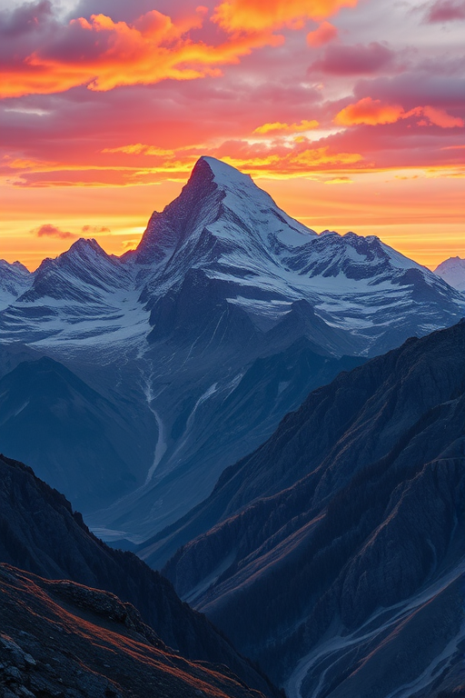 A high-resolution, detailed illustration of a majestic mountain landscape at sunrise, captured with a Canon EOS R5, 24mm lens, f/8 aperture, ISO 100, utilizing a wide-angle view for expansive depth and vibrant color saturation.