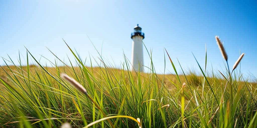 Lighthouse on a sunny day with grass in the foreground, shot with a DSLR camera, aperture f/8, shutter speed 1/250s, ISO 200, 35mm lens, landscape view with focus on the lighthouse, clear blue sky background.