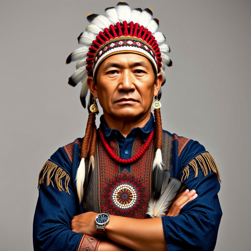 Create a dignified portrait of a Native American man dressed in traditional attire. He wears a beautifully crafted headdress adorned with white feathers and red beads, along with a beaded headband featuring intricate patterns. His clothing includes a deep blue, patterned shirt and a traditional chest piece with detailed beadwork. His arms are crossed, displaying leather armbands decorated with feathers. The background is simple and neutral, emphasizing his proud and stoic expression. The overall image captures the rich cultural heritage and strength of his persona.