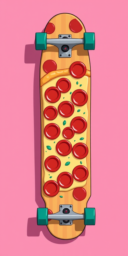Create an illustration of a skateboard designed like a pepperoni pizza, featuring vibrant red pepperonis and a fun, cartoonish style, set against a bright pink background with playful yellow and blue stripes, using a DSLR camera with a 50mm lens, f/2.8 aperture, ISO 200, and a shallow depth of field for enhanced detail and color vibrancy.