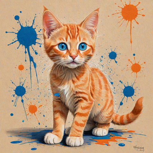 A vibrant childs coloured pencil drawn illustration of a bright orange cat with large, expressive blue eyes, a very cute style. The cat appears to be walking towards the viewer, surrounded by an abstract splash of colors and fine black lines, giving the image a dynamic and artistic flair. The background is a soft beige, highlighting the cat's vivid coloration and playful demeanor. Naively drawn scratchy line style.
