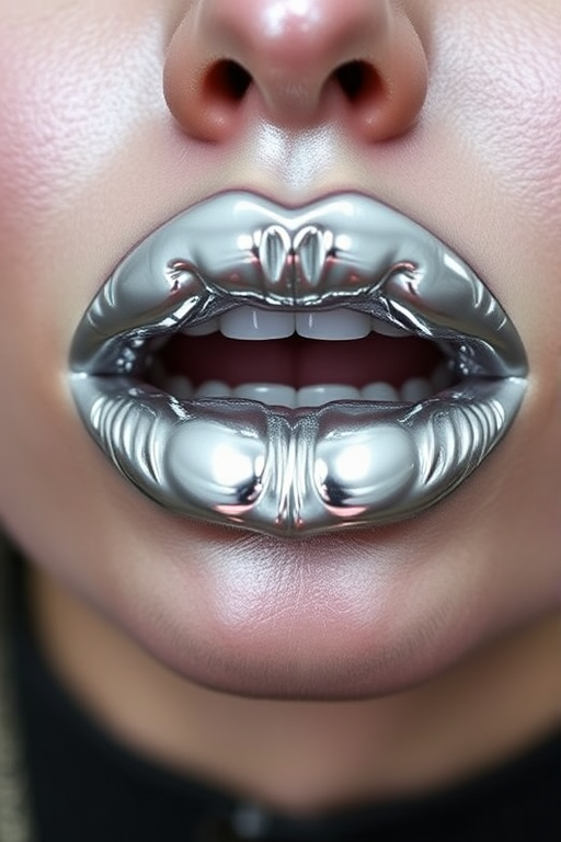 Metallic silver lips named "Liquid Mercury" showcase a futuristic and space-age appearance with a mirror-like finish, ideal for sci-fi themed events