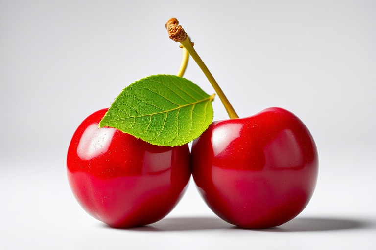 Create a high-resolution vector graphic of two red cherries with a green leaf on top, using a macro lens at f/2.8, 1/125s shutter speed,  ISO 100, in a studio lighting setup with softbox illumination.