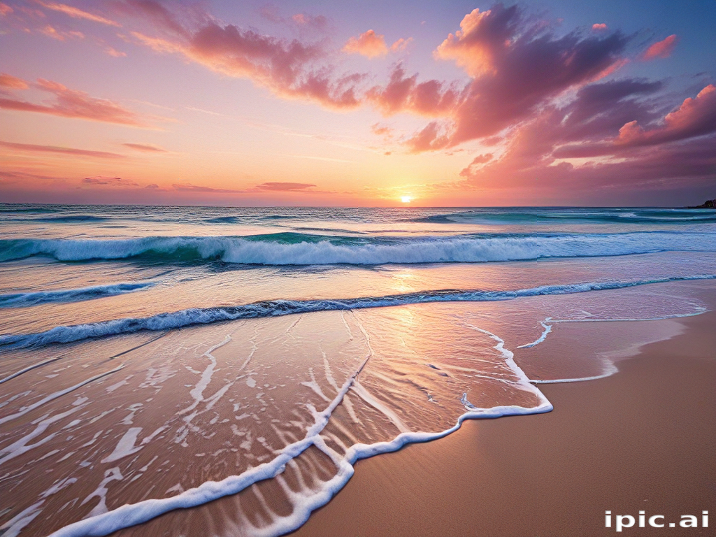 Serene Sunset Over Calm Ocean Waves Beneath Colorful Cloudy Sky