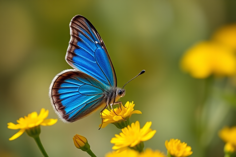 close-up of a vibrant blue butterfly perched on yellow flowers, soft bokeh background, 50mm f/1.8 lens, ISO 100, aperture priority mode, sunlight exposure, macro photography, DSLR camera