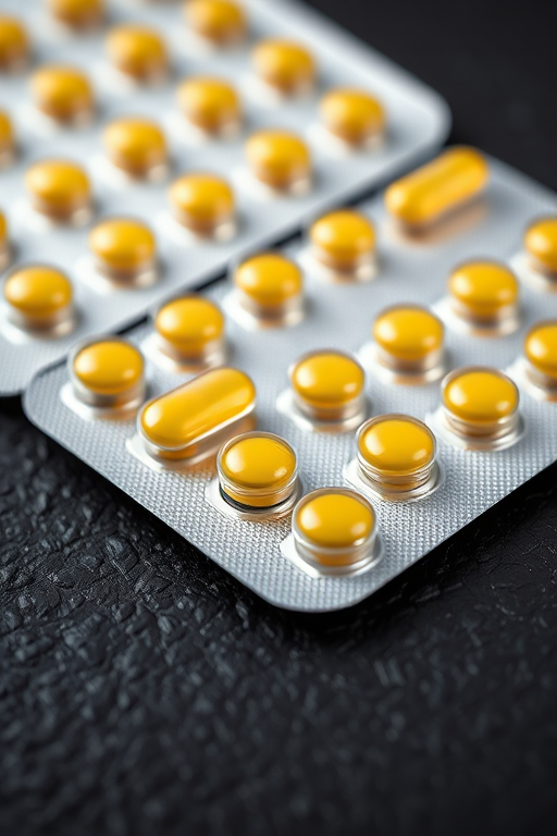 Close-up shot of a blister pack containing yellow pills on a black textured surface, captured with a macro lens at f/2.8, shutter speed 1/125s, ISO 100, using a DSLR camera in natural light for enhanced clarity and detail.