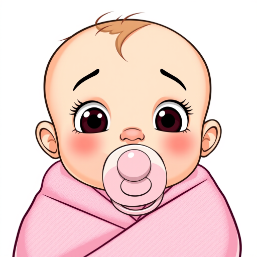 Generate a high-quality cartoon image of a surprised baby with a pacifier, swaddled in a pink blanket, shot with a DSLR camera, 50mm lens, f/2.8 aperture, ISO 100, soft natural lighting, clean white background for clarity.