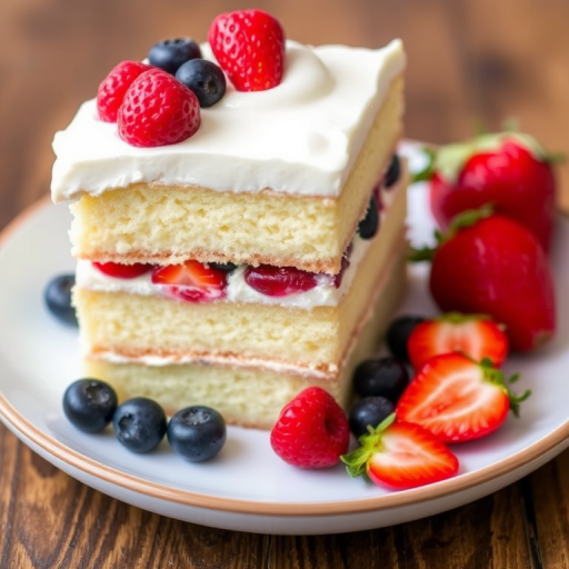 A slice of layered vanilla cake with whipped cream frosting and mixed berries on top served on a plate with fresh strawberries and blueberries on the side. The cake has a light and fluffy texture with visible layers of cream and berries.