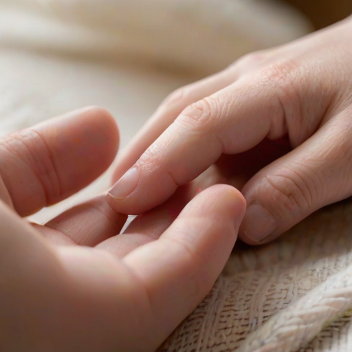Softly focused close-up of a baby's hand gripping an adult's finger, with soft natural light illuminating their delicate skin, and a cozy blanket in the background providing a sense of warmth and security.