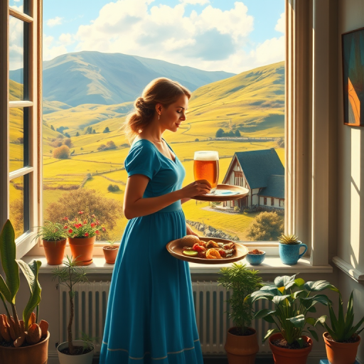 In "A Glass of Beer on the Highland," a serene scene is depicted in a sunlit room where a woman in a vibrant blue dress stands by a large window. She holds a tray with a hearty meal and a frothy glass of beer, embodying a moment of relaxation. Outside, the breathtaking highland landscape features rolling green hills and a charming traditional house, all bathed in warm afternoon light. The interior is adorned with potted plants, creating a harmonious blend of comfort and nature. The painting beautifully captures the tranquility and joy found in simple pleasures amidst stunning scenery