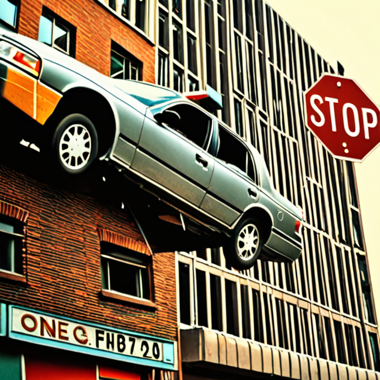 A car is falling down from a tall building and there is a stop sign in ...