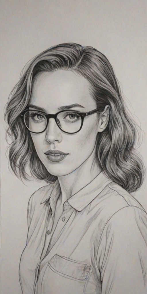 Captivating Jessica McNamee, pencil sketch, portrait of Alluring woman 1939s in glasses, hair style beatnik, outline, clear lines, fine lines, 8k