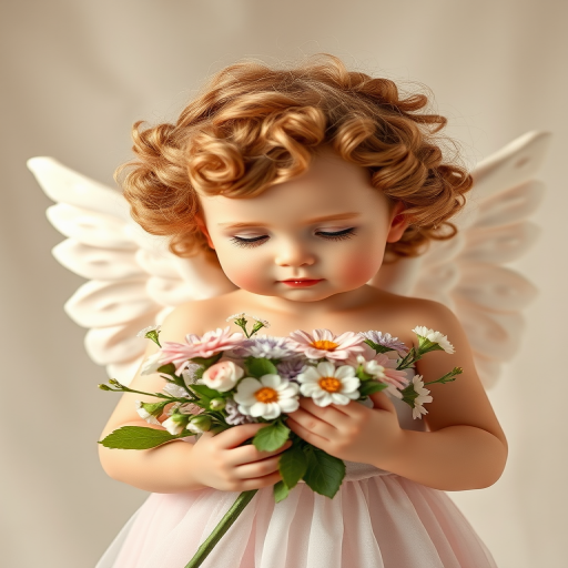 Create an image of a cherubic angel with curly hair, holding a garland of flowers, soft pastel colors, against a light neutral background, captured in a soft focus style with a DSLR camera at f/2.8, ISO 100, 50mm lens, with natural lighting to enhance details and texture.