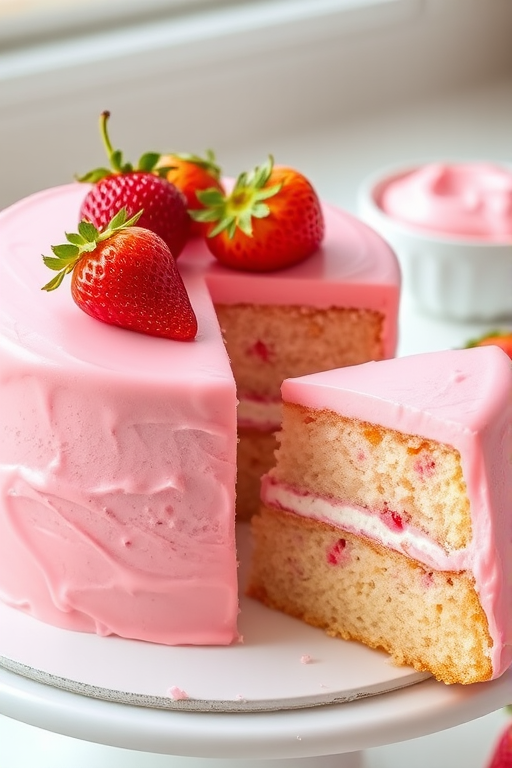 A beautifully frosted pink cake with a smooth pink icing topped with fresh strawberries, a slice of the cake showing its soft texture and layers, a small bowl of pink frosting in the background, bright and inviting setting.