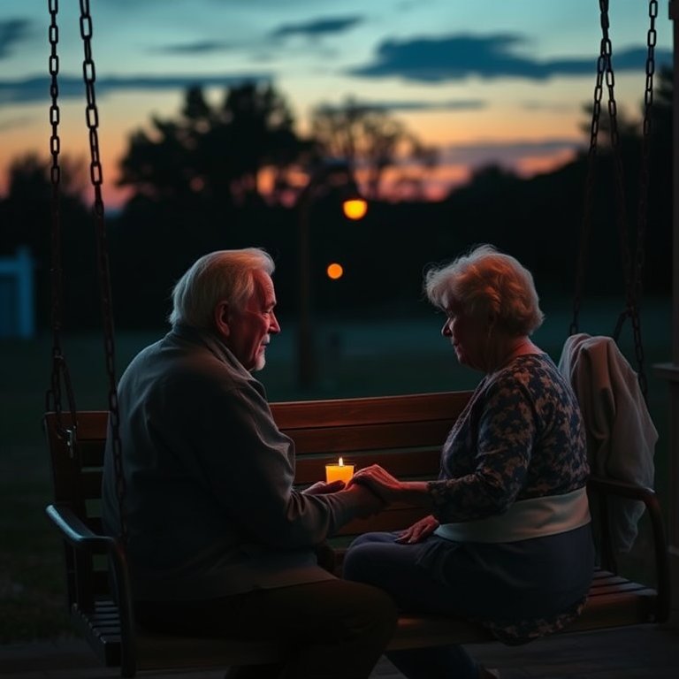 Softly lit, intimate image of an elderly couple sitting on a porch swing at dusk, holding hands, with soft candlelight illuminating their faces and a distant sunset painting the sky in pastel hues.