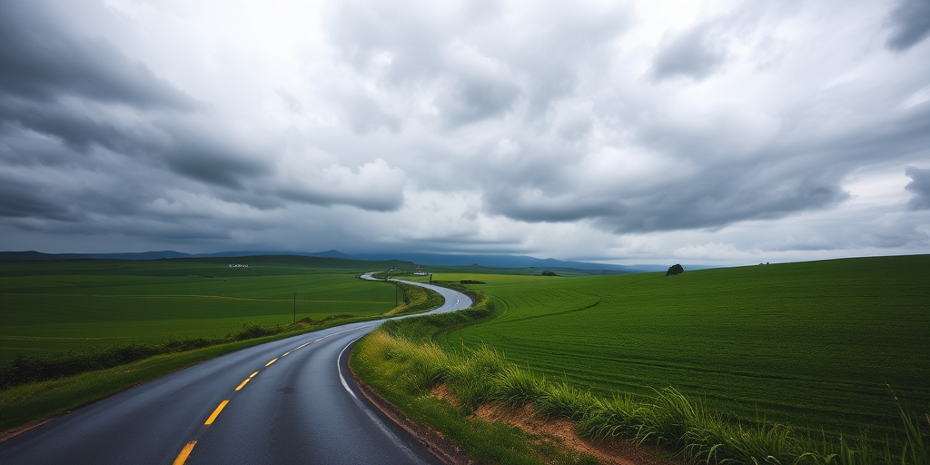 Capture a winding road through lush green fields under a moody, overcast sky, using a DSLR camera with a focal length of 24mm, aperture set to f/8, ISO 100, and a shutter speed of 1/125 sec, in landscape orientation for enhanced depth and clarity.