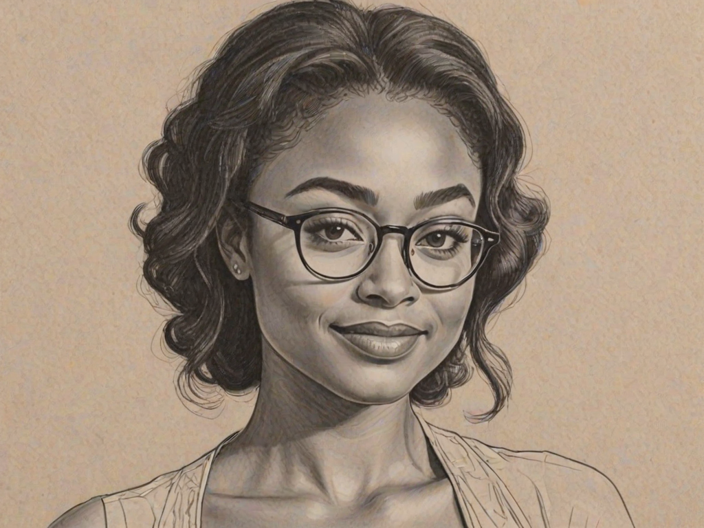 Enticing Tatyana Ali, pencil sketch, portrait of Resplendent woman 1973s in glasses, hair style beatnik, outline, clear lines, fine lines, 8k